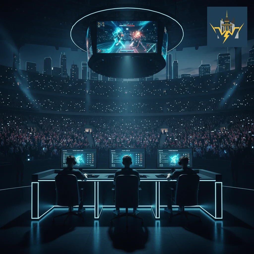 Strategie E-Sport Finale mit Analysebildschirmen und Trophäe