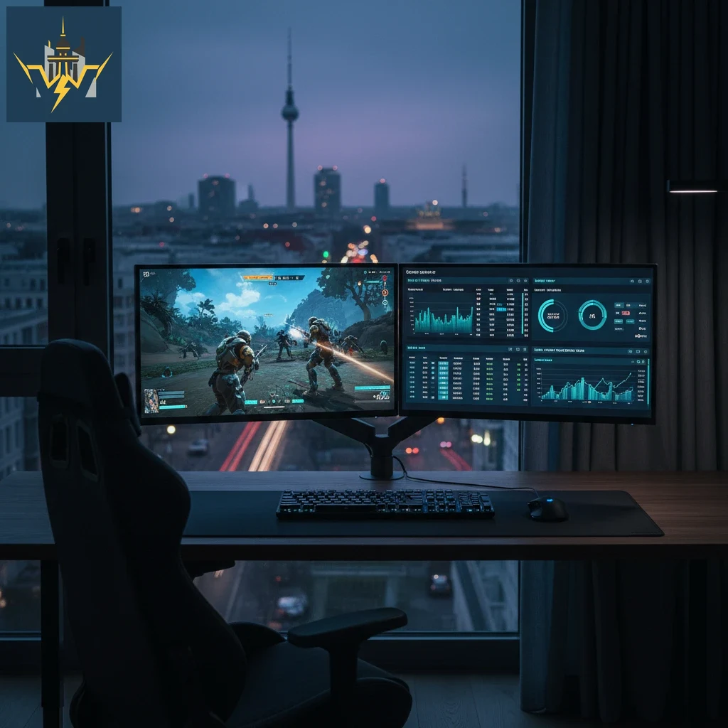 Desktop-Monitor mit laufendem E-Sports-Turnier und parallelem Statistik-Feed
